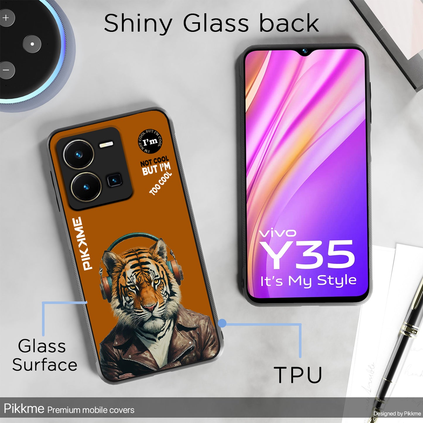 Pikkme Back Cover Pc Tpu + Printed Cool Funky Stylish Brown Tiger Swag Raised Edges Camera Protection |Bumper Case For Vivo Y35 (Design 09)