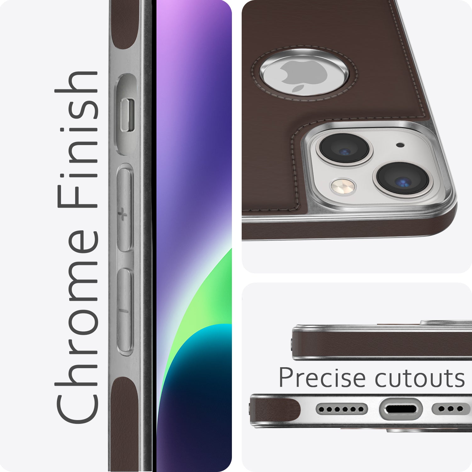 Pikkme iPhone 14 Plus Silver Electroplated Chrome Leather Back Cover (Coffee)