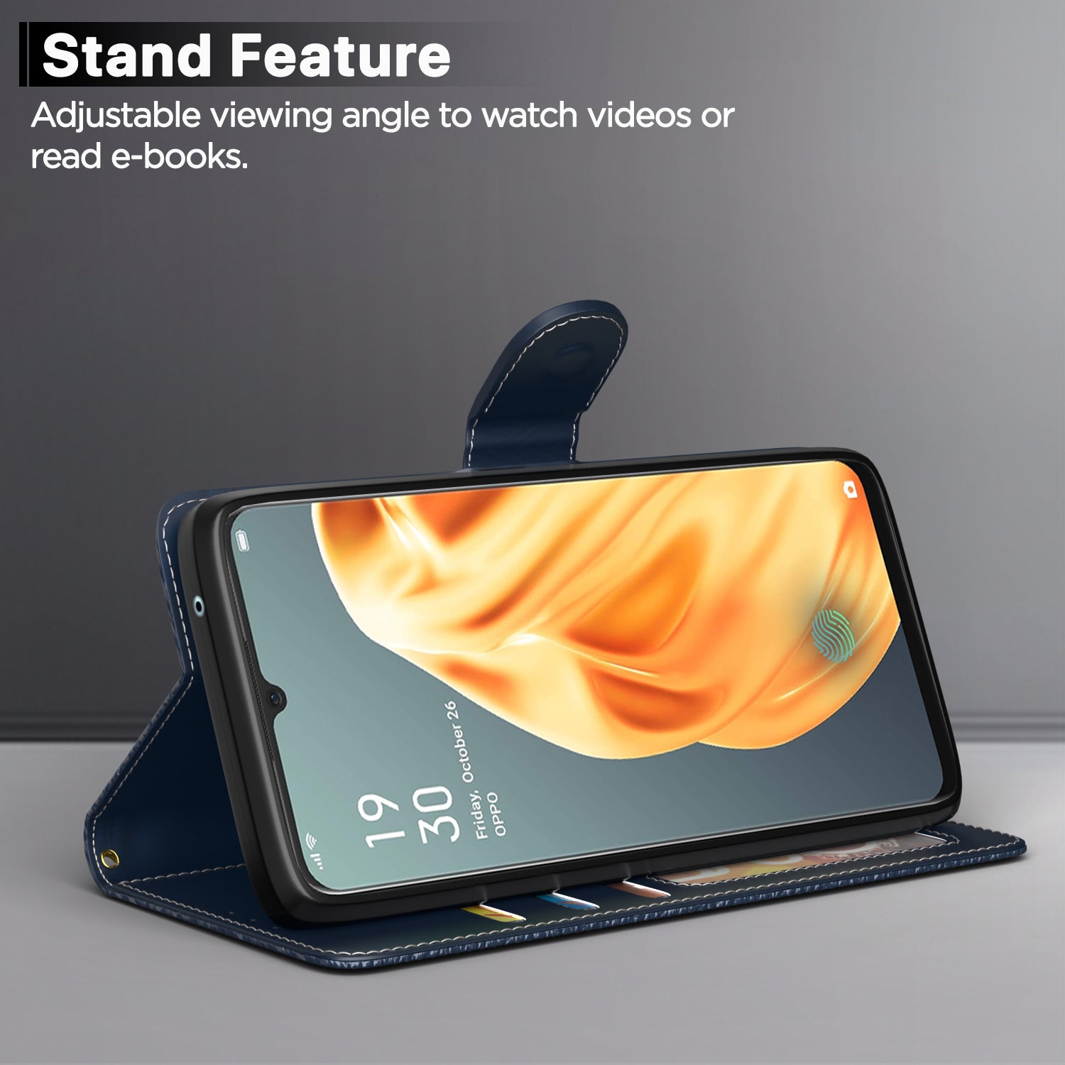 Pikkme Oppo F15 Double Contrast Leather Finish Flip Cover (Blue)