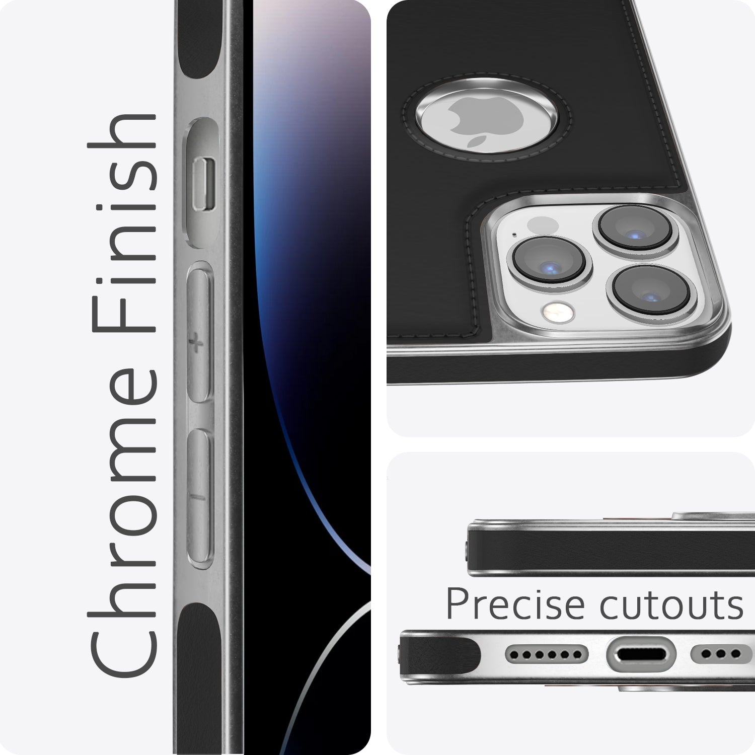 Pikkme iPhone 14 Pro Silver Electroplated Chrome Leather Back Cover (Black)