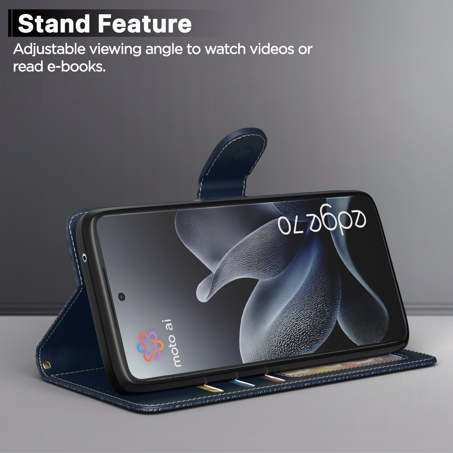 Pikkme Motorola Moto Edge 70 5G Double Contrast Leather Finish Flip Cover (Blue)