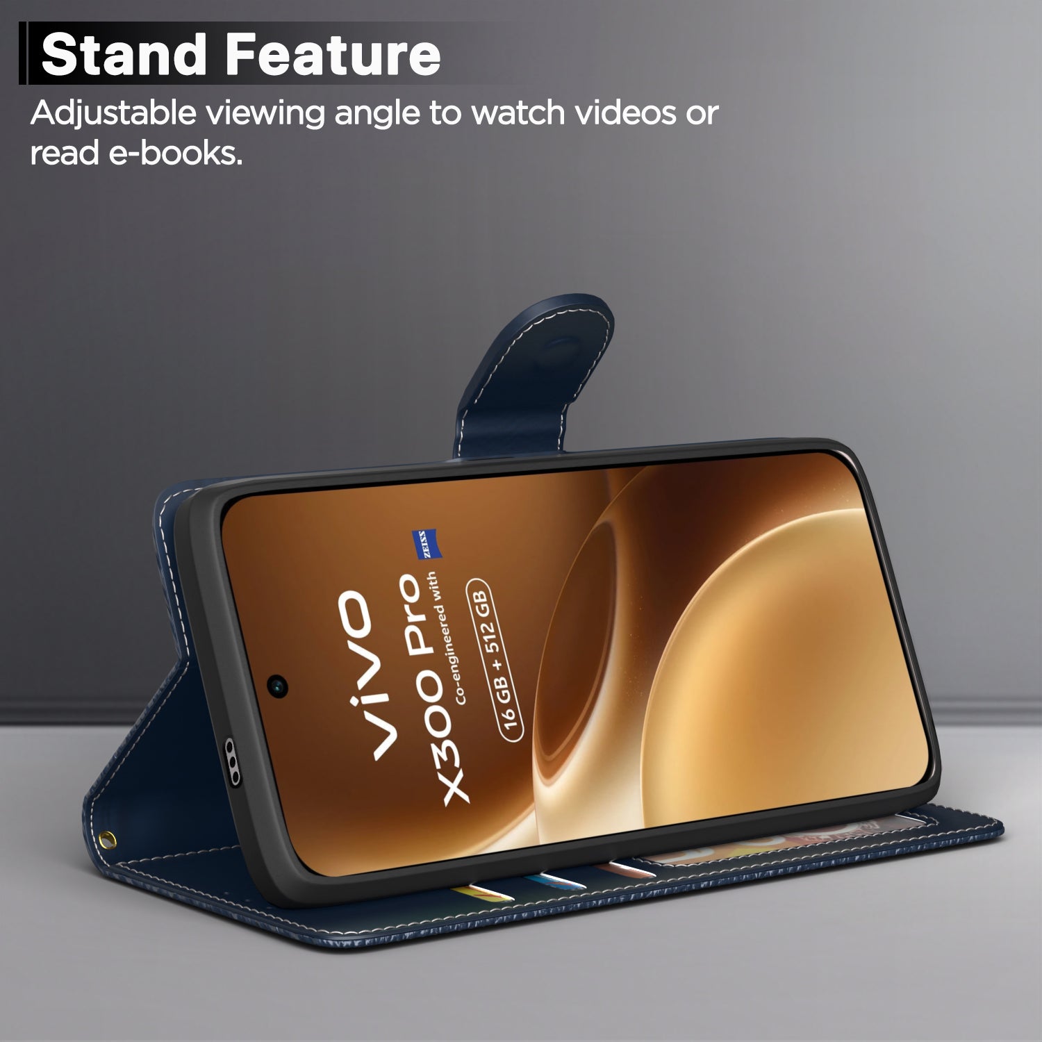 Pikkme Vivo X300 Pro 5G Double Contrast Leather Finish Flip Cover (Blue)