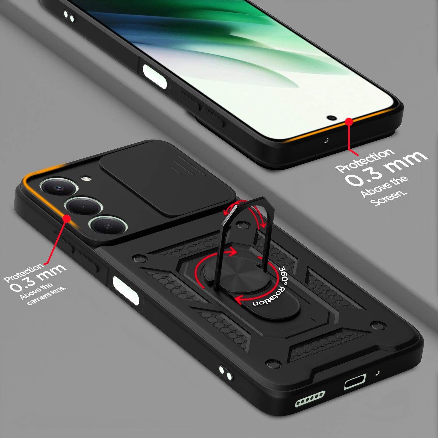 Pikkme Redmi 15 5G Sliding Camera Shield & Stand D10 Tough Armor Back Cover (Black)