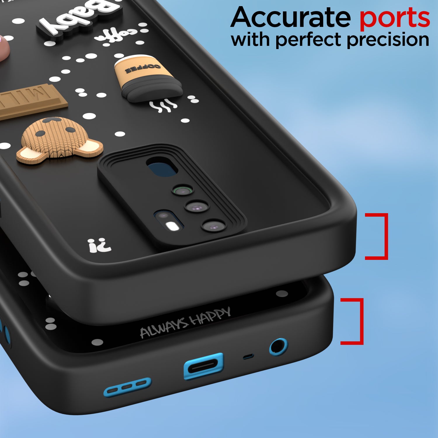 Pikkme Oppo A5 2020 / A9 2020 Cute Fun Cartoon 3D Bear Coffee Back Cover (Black)