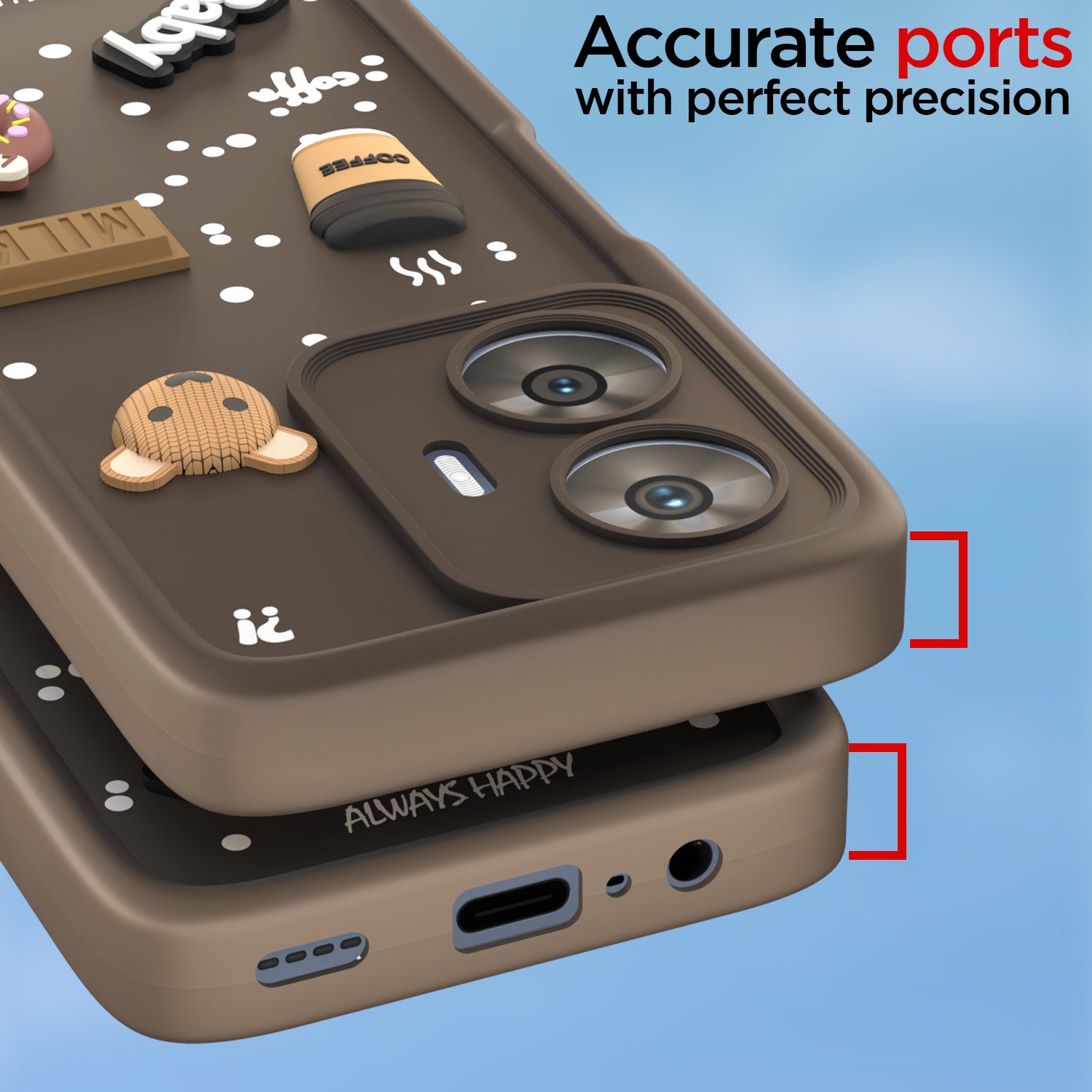 Pikkme Realme Narzo N55 / Realme C55 Cute Fun Cartoon 3D Bear Coffee Back Cover (Brown)
