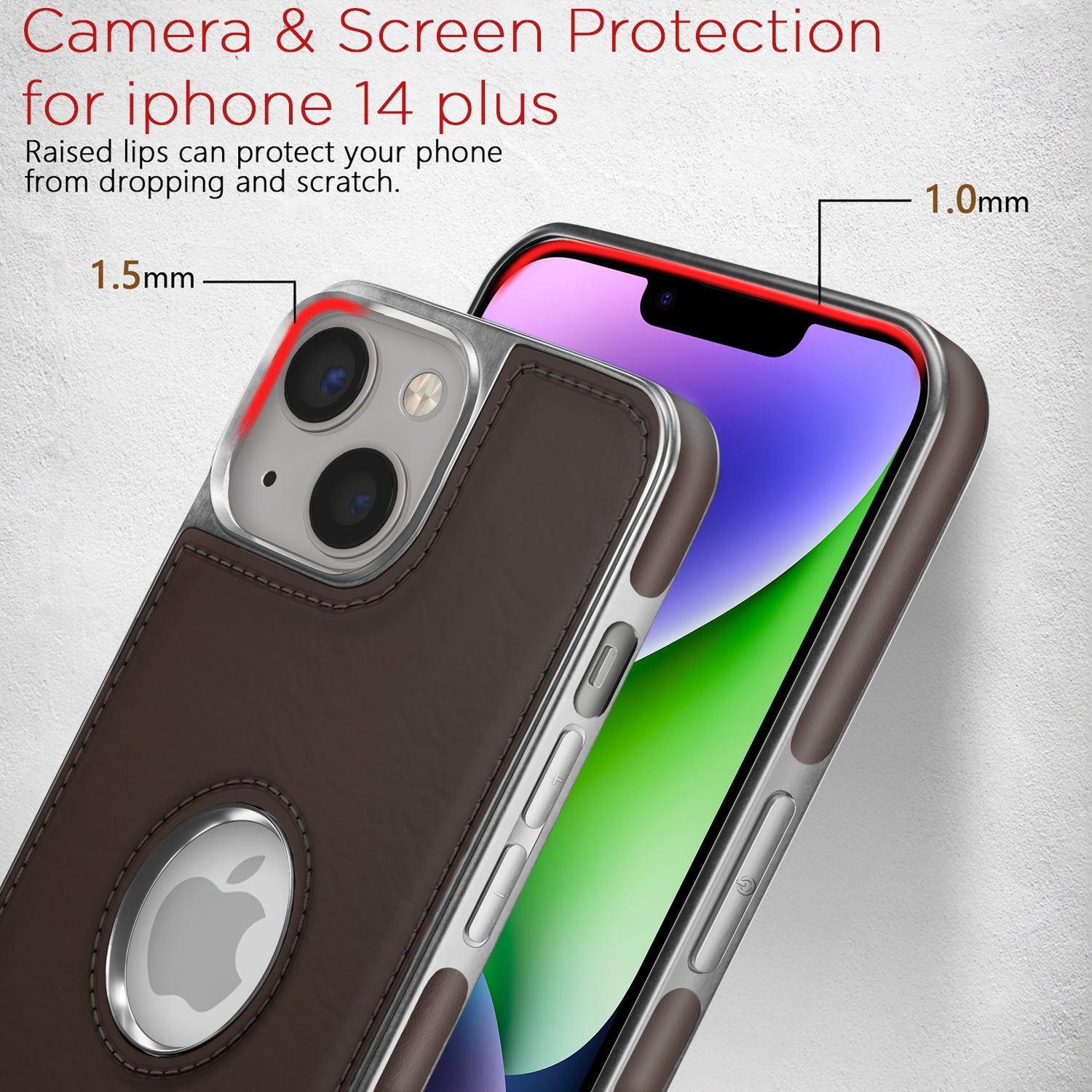 Pikkme iPhone 14 Plus Silver Electroplated Chrome Leather Back Cover (Coffee)
