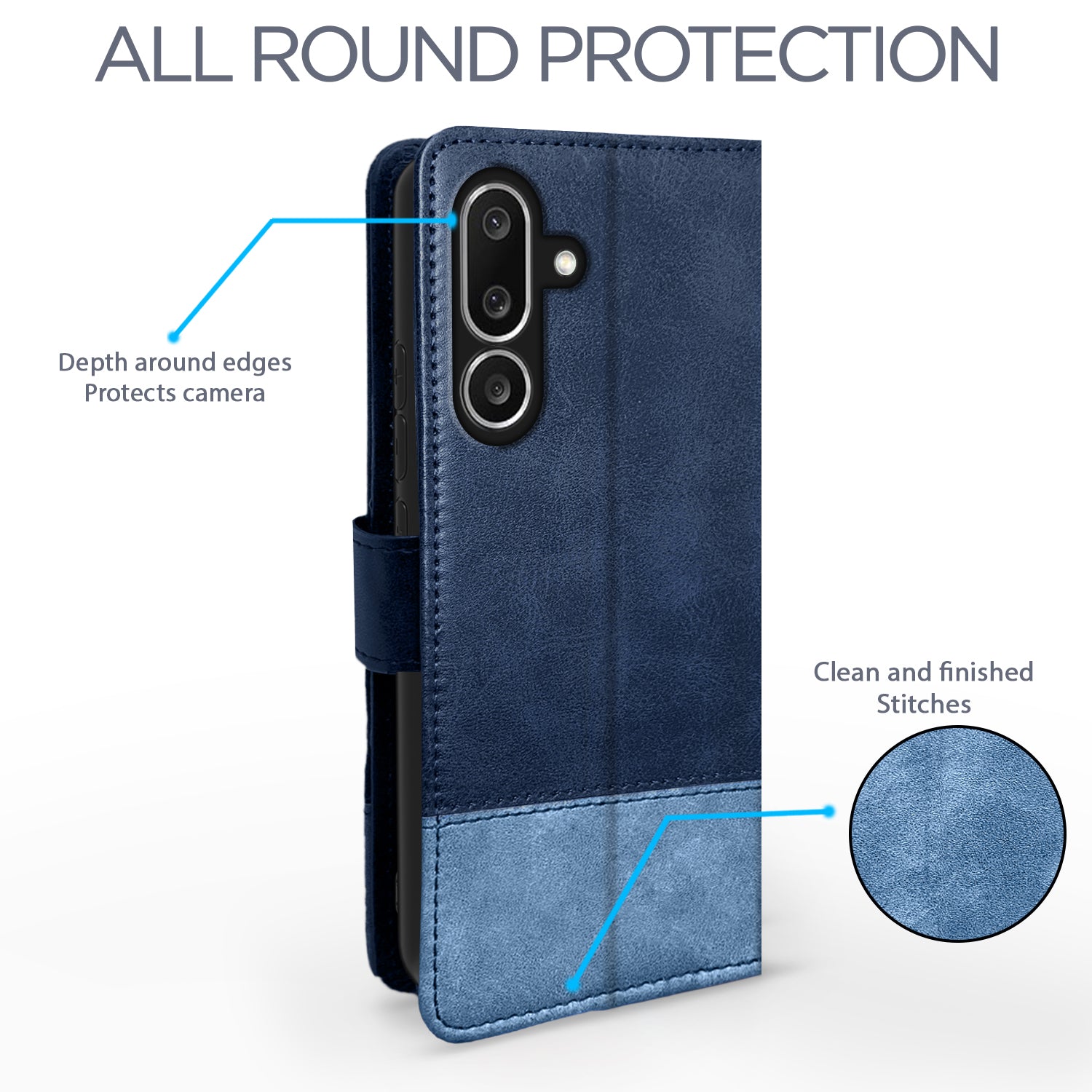 Pikkme Samsung Galaxy M56 5G Dual-Tone PU Leather Finish Magnetic Flip Cover (Navy Blue)