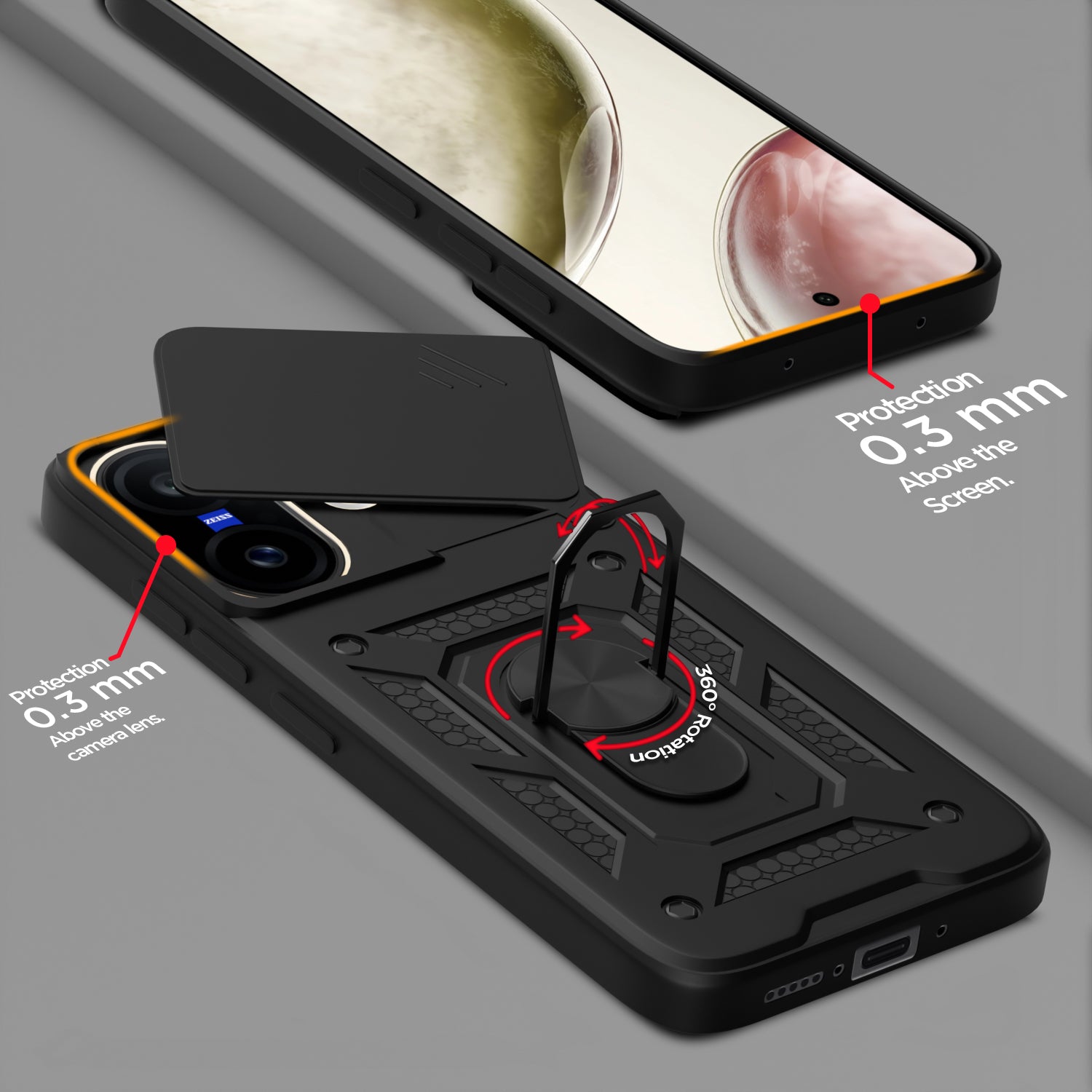 Pikkme Vivo X200 Fe 5G Sliding Camera Shield & Stand D10 Tough Armor Back Cover (Black)