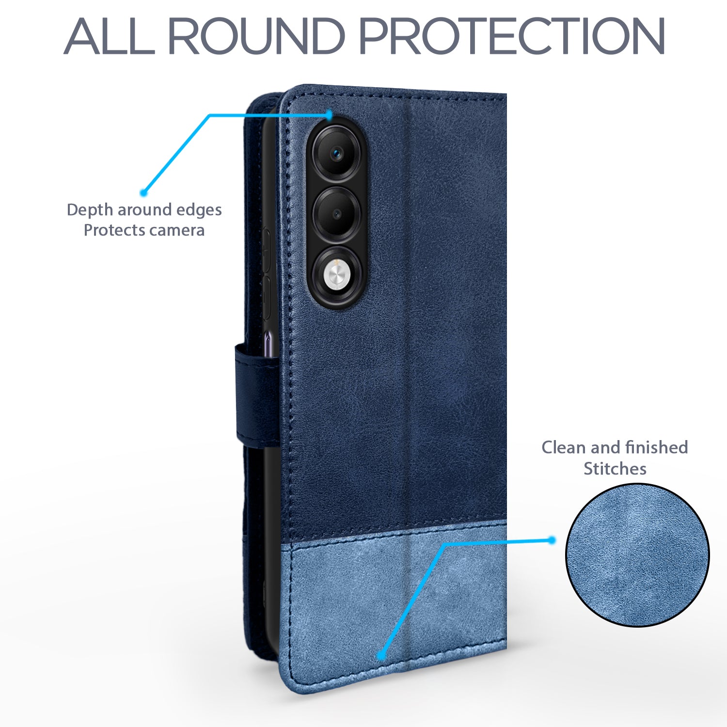 Pikkme Oppo K13x 5G Dual-Tone PU Leather Finish Magnetic Flip Cover (Navy & Light Blue)