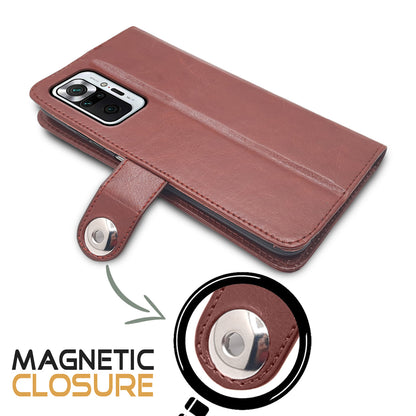 Pikkme Redmi Note 10 Pro / Note 10 Pro Max Button Flip Cover (Brown)