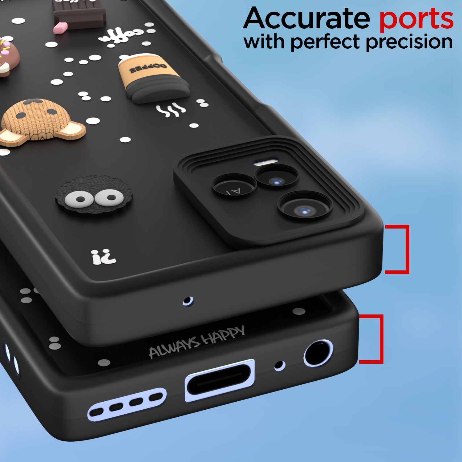 Pikkme Vivo Y21 2021 / Y33s Cute Fun Cartoon 3D Bear Coffee Back Cover (Black)