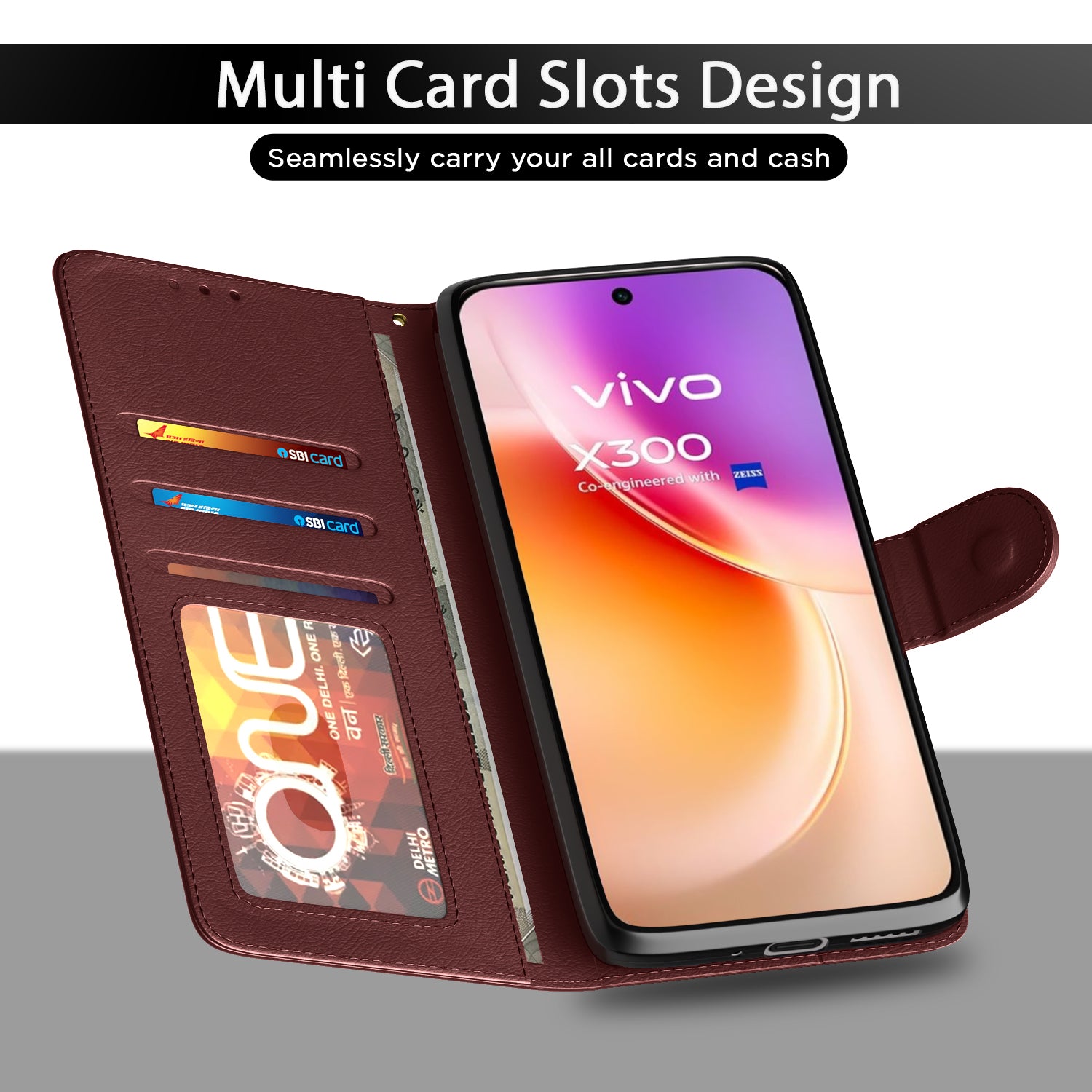 Pikkme Vivo X300 5G Premium Leather Finish Vintage Flip Cover (Brown)