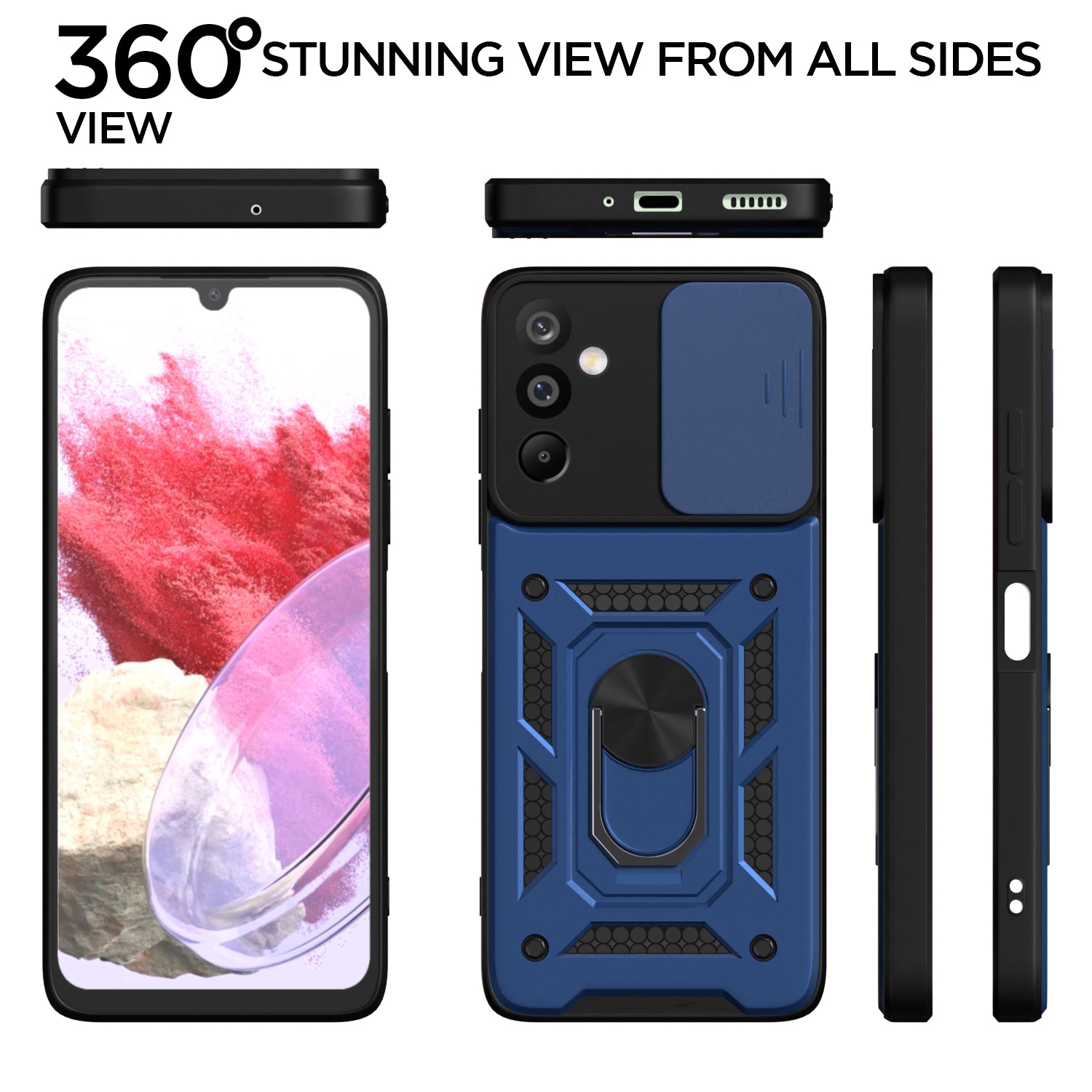 Pikkme Samsung Galaxy M16 5G Sliding Camera Shield & Stand D10 Tough Armor Back Cover (Blue)