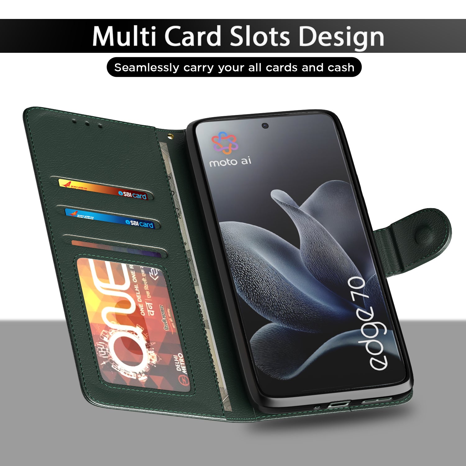 Pikkme Motorola Moto Edge 70 5G Premium Leather Finish Vintage Flip Cover (Green)