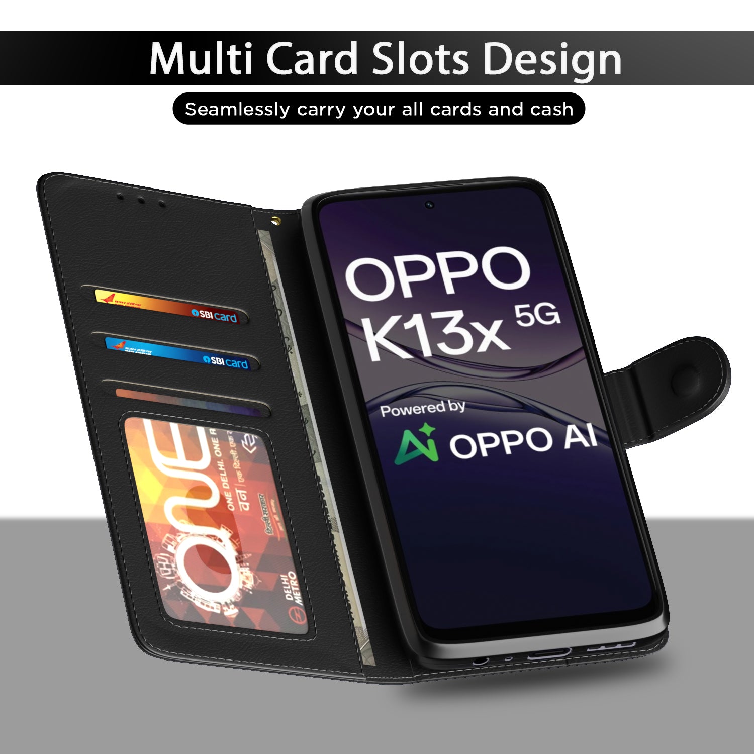 Pikkme Oppo K13x 5G  Premium Leather Finish Vintage Flip Cover (Black)