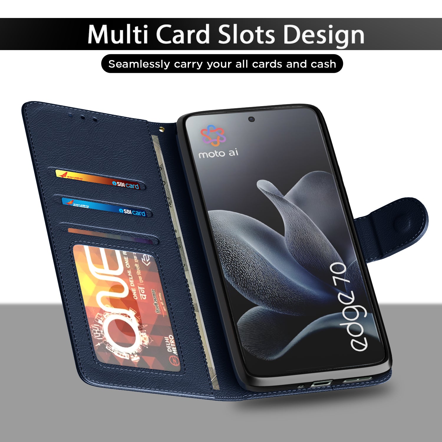 Pikkme Motorola Moto Edge 70 5G Premium Leather Finish Vintage Flip Cover (Blue)
