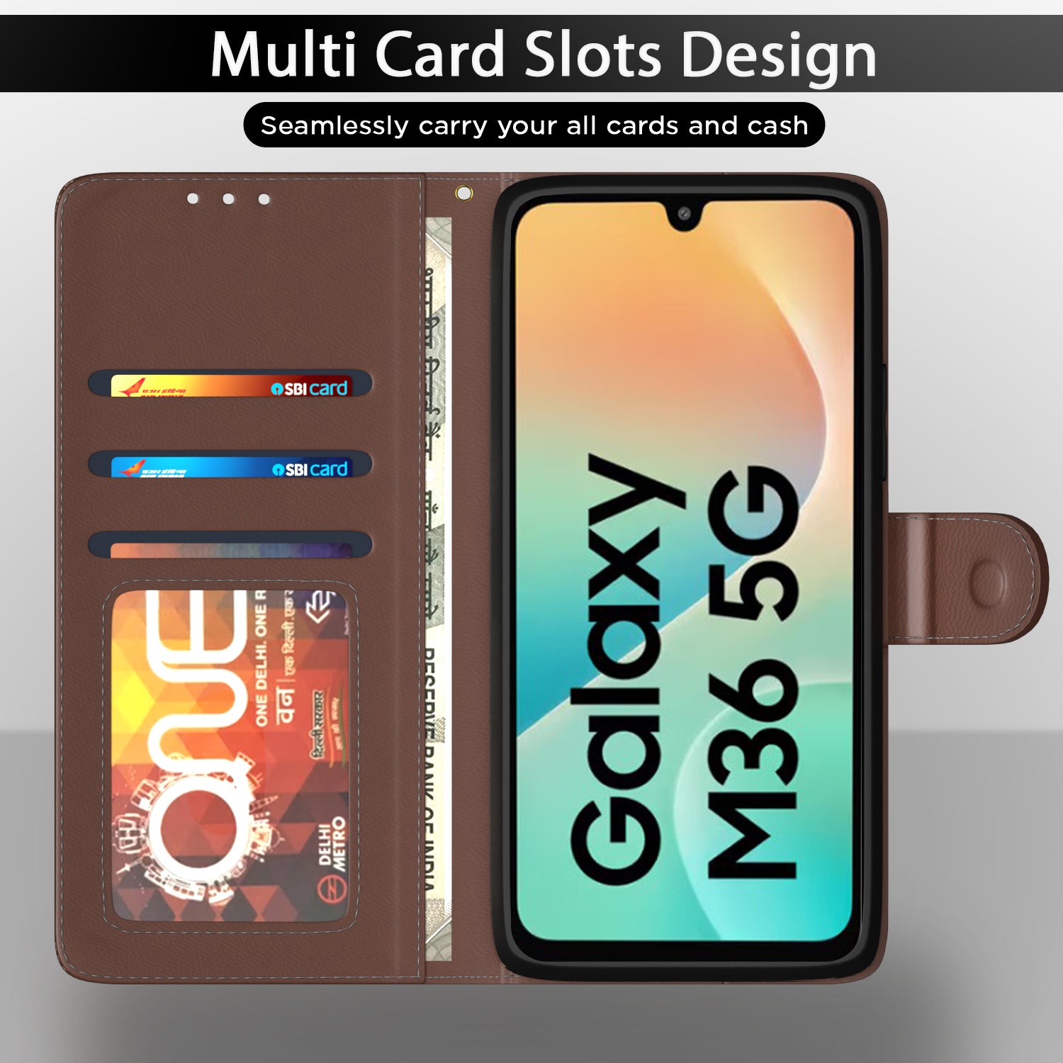 Pikkme Samsung Galaxy M36 5G Dual Tone Leather finish Flip Cover (Brown)