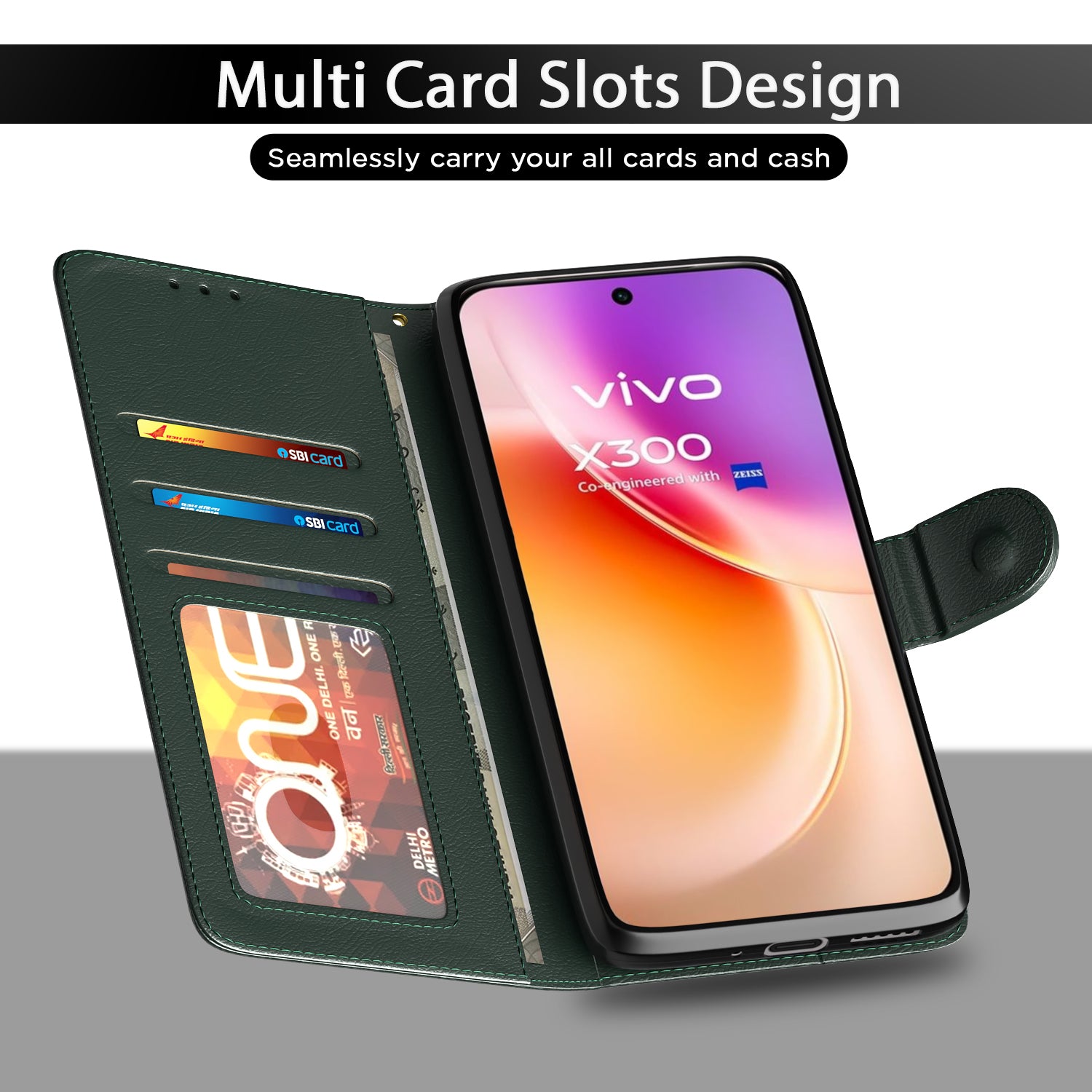 Pikkme Vivo X300 5G Premium Leather Finish Vintage Flip Cover (Green)