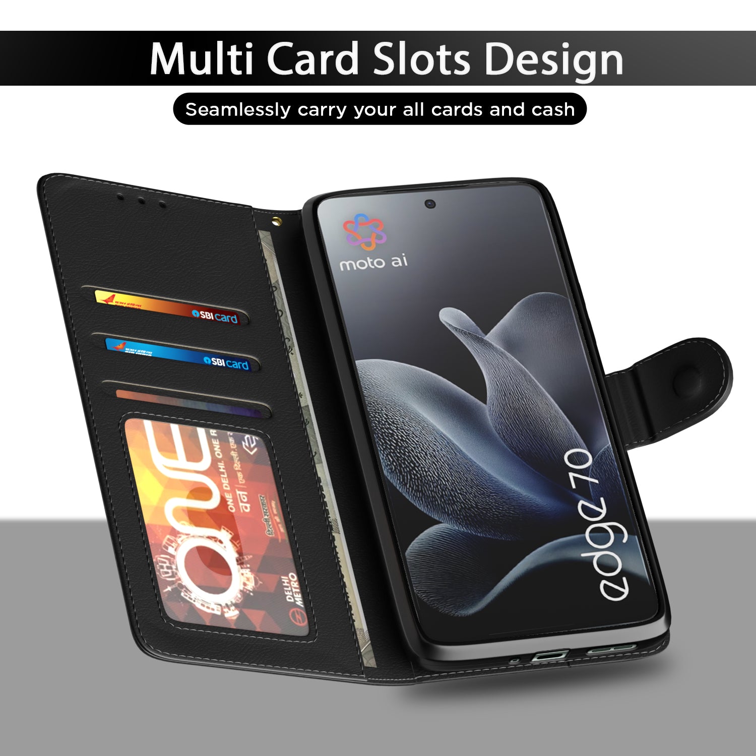 Pikkme Motorola Moto Edge 70 5G Premium Leather Finish Vintage Flip Cover (Black)