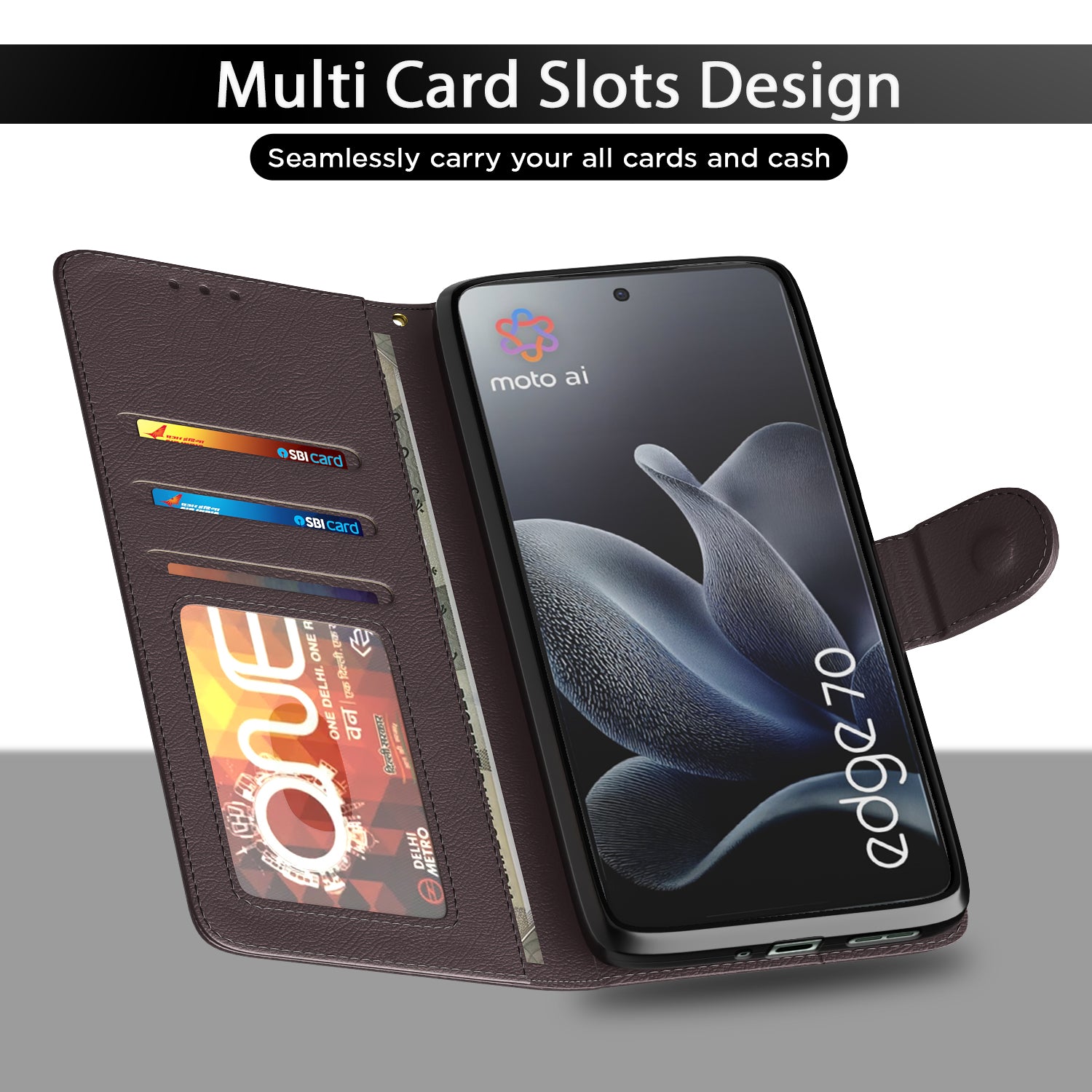 Pikkme Motorola Moto Edge 70 5G Premium Leather Finish Vintage Flip Cover (Coffee)