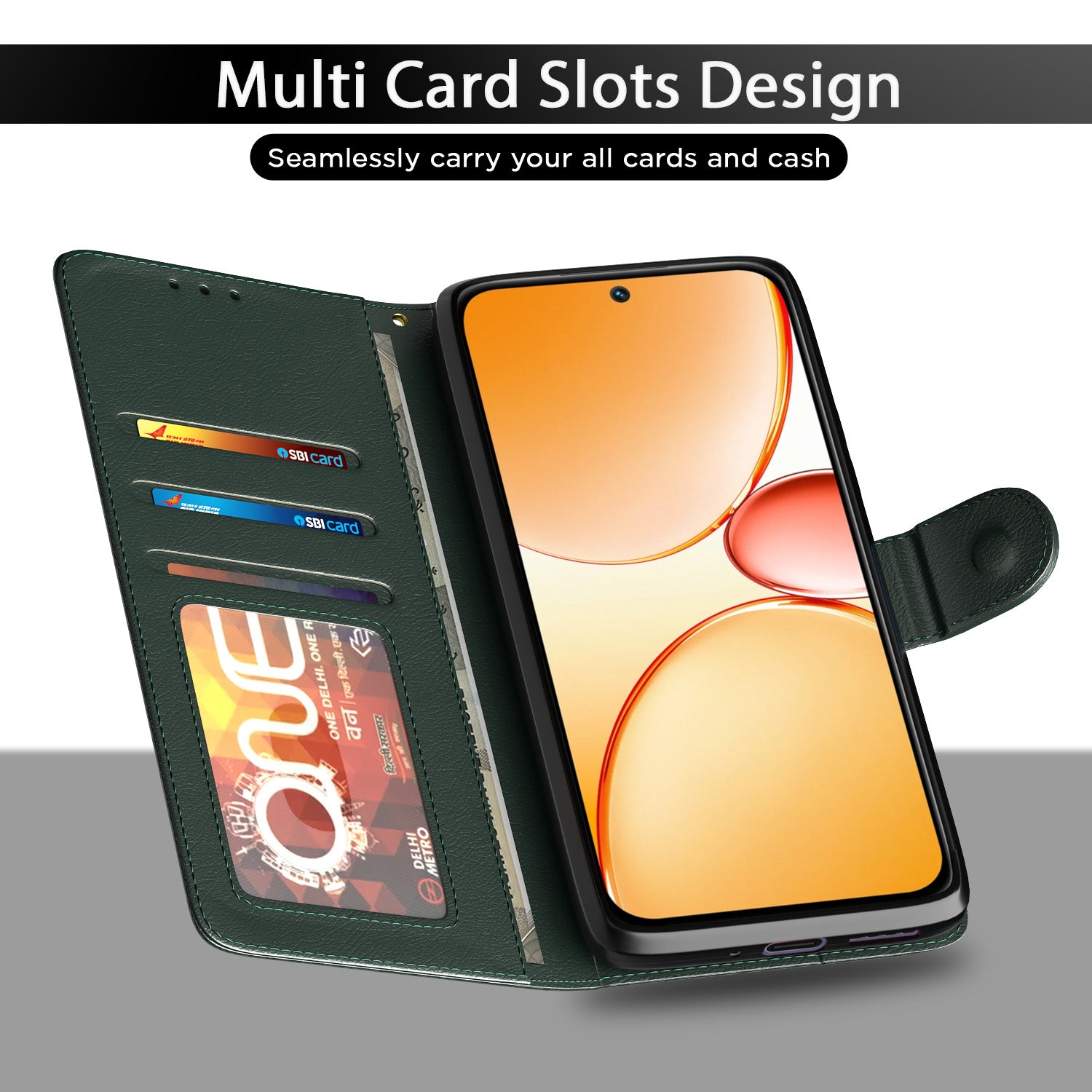 Pikkme Realme C85 5G Premium Leather Finish Vintage Flip Cover (Green)