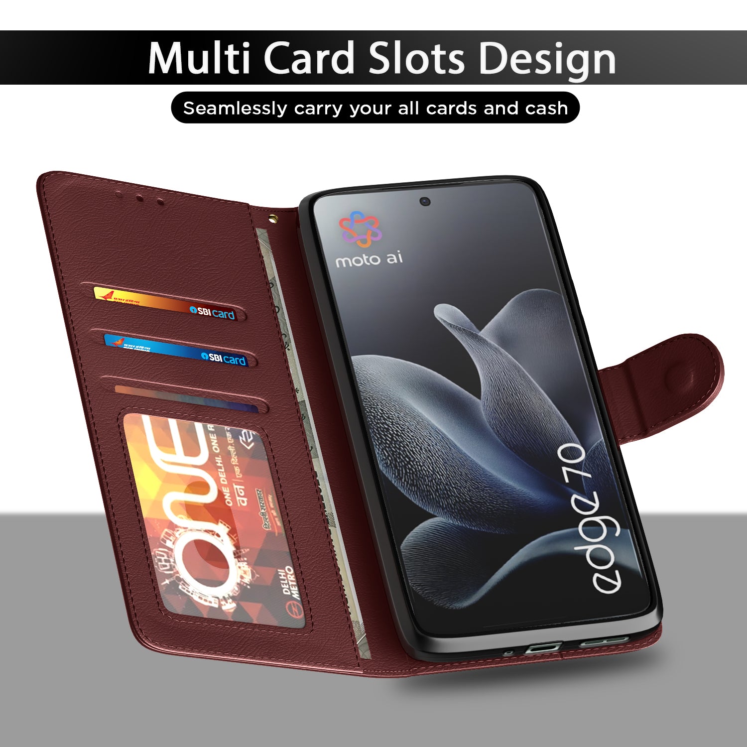 Pikkme Motorola Moto Edge 70 5G Premium Leather Finish Vintage Flip Cover (Brown)