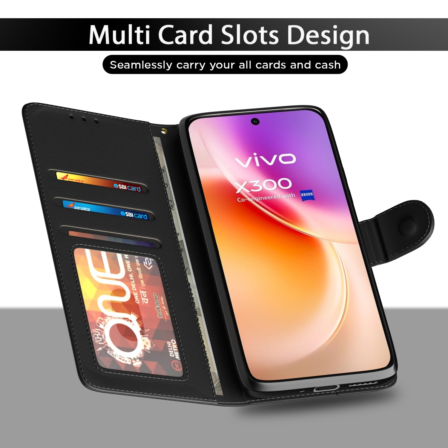 Pikkme Vivo X300 5G Premium Leather Finish Vintage Flip Cover (Black)