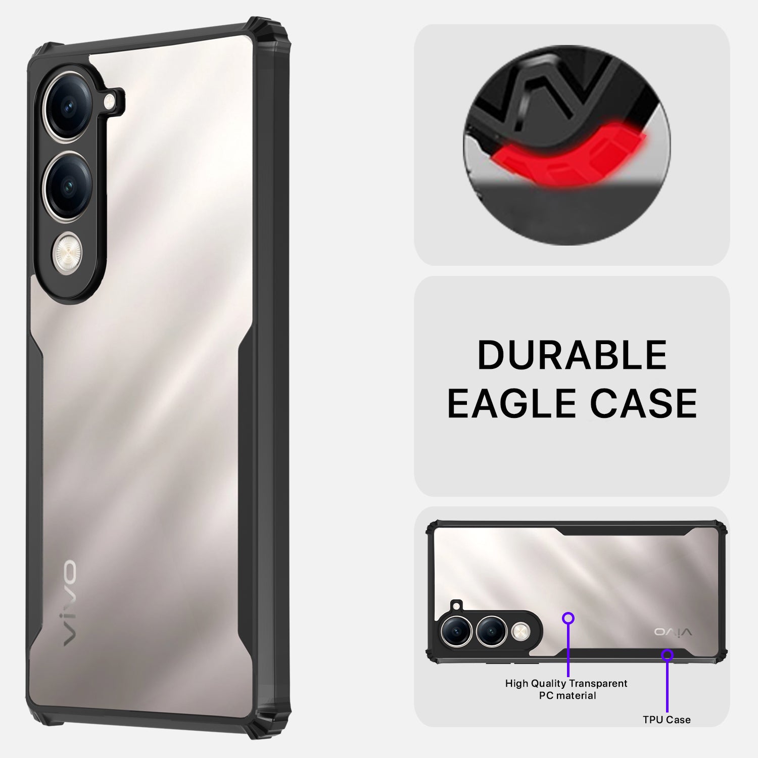 Pikkme Vivo T4 lite 5G / IQOO Z10 lite 5G / Vivo Y04 4G / Vivo Y19 5G Shockproof Eagle Clear Transparent Back Cover (Black)