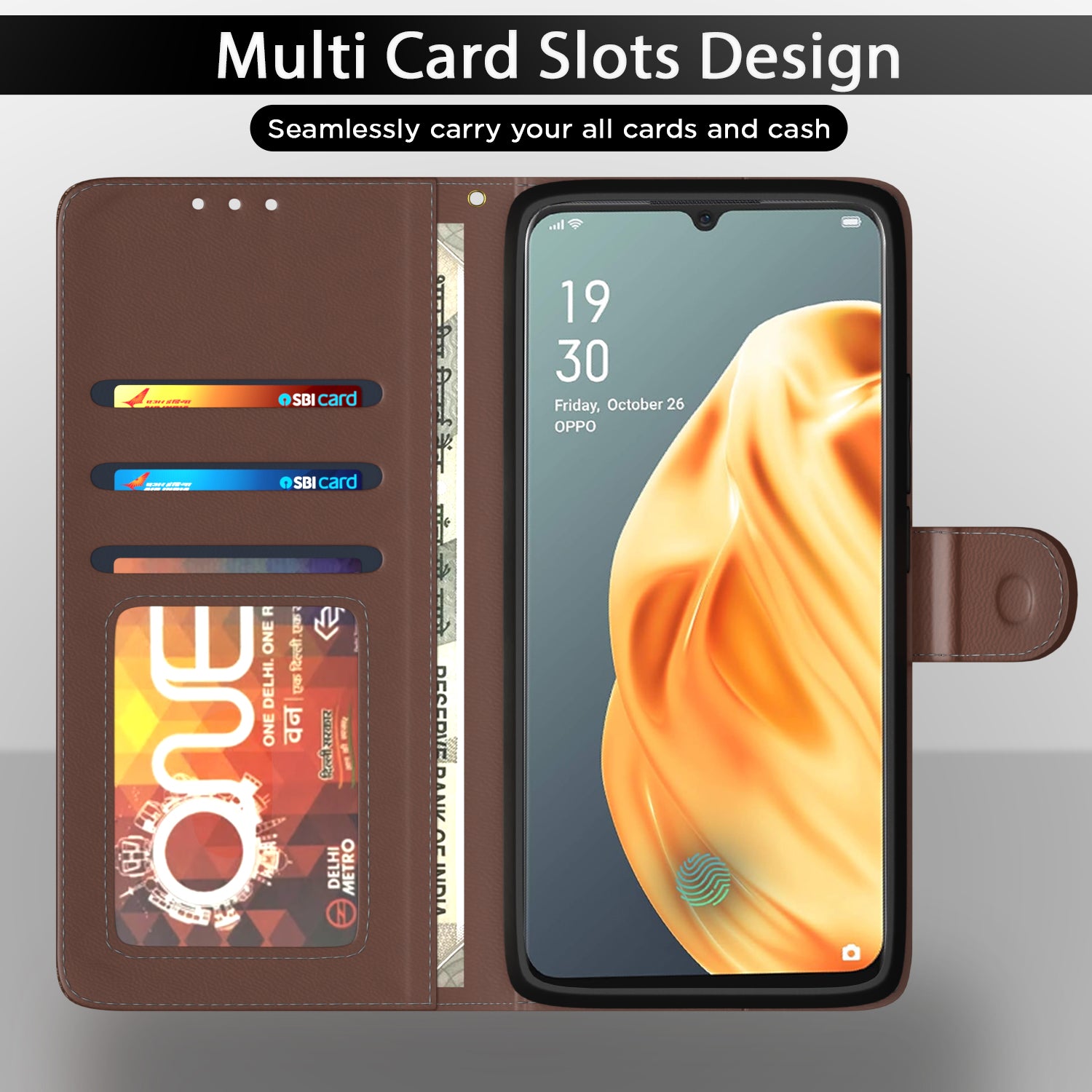 Pikkme Oppo F15 Double Contrast Leather Finish Flip Cover (Tan)