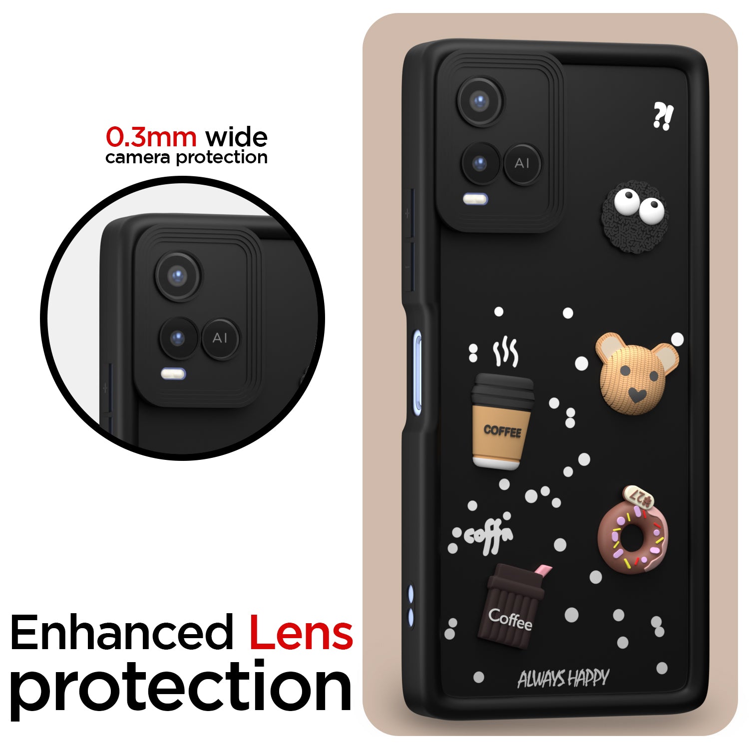 Pikkme Vivo Y21 2021 / Y33s Cute Fun Cartoon 3D Bear Coffee Back Cover (Black)