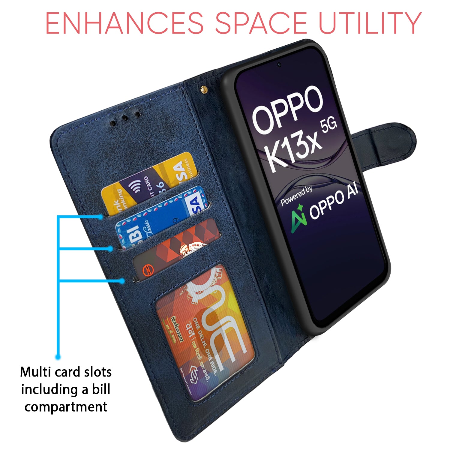 Pikkme Oppo K13x 5G Dual-Tone PU Leather Finish Magnetic Flip Cover (Navy & Light Blue)