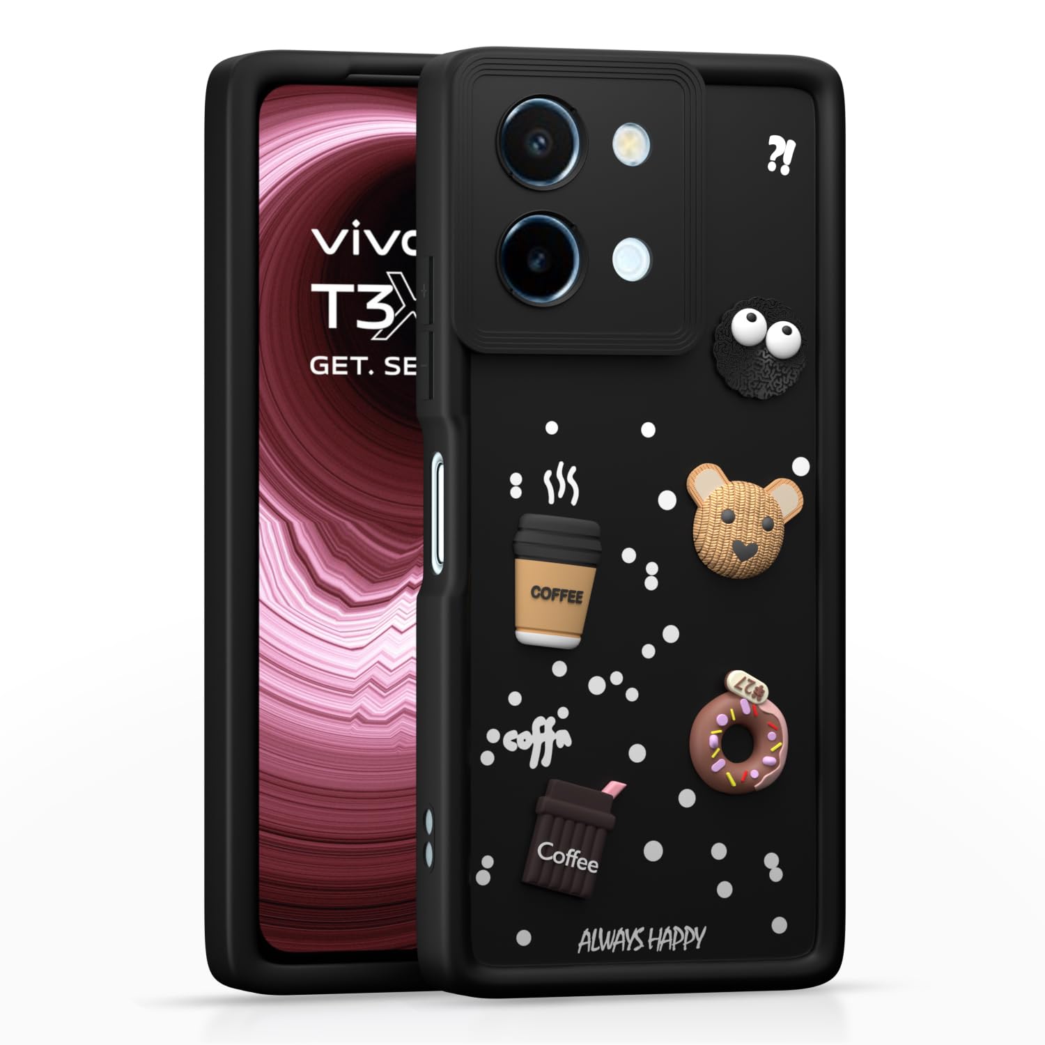 Pikkme Vivo T3x 5G / Vivo Y200i 5G Cute Fun Cartoon 3D Bear Coffee Back Cover (Black)