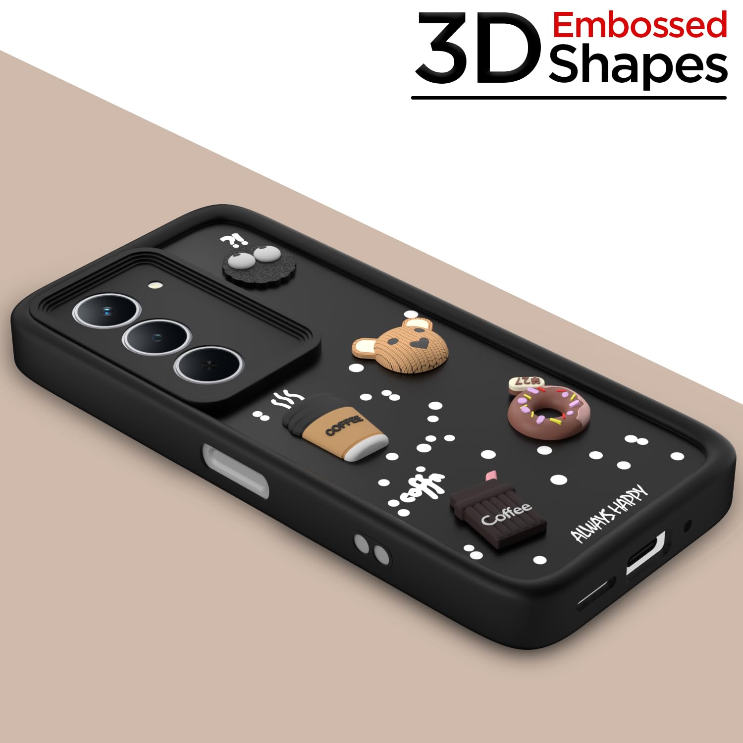 Pikkme Realme Narzo 80x 5G / Realme P3x 5G Cute Fun Cartoon 3D Bear Coffee Back Cover (Black)