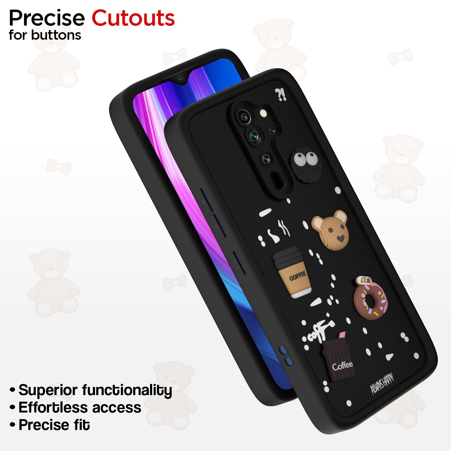 Pikkme Redmi Note 8 Pro Cute Fun Cartoon 3D Bear Coffee Back Cover (Black)