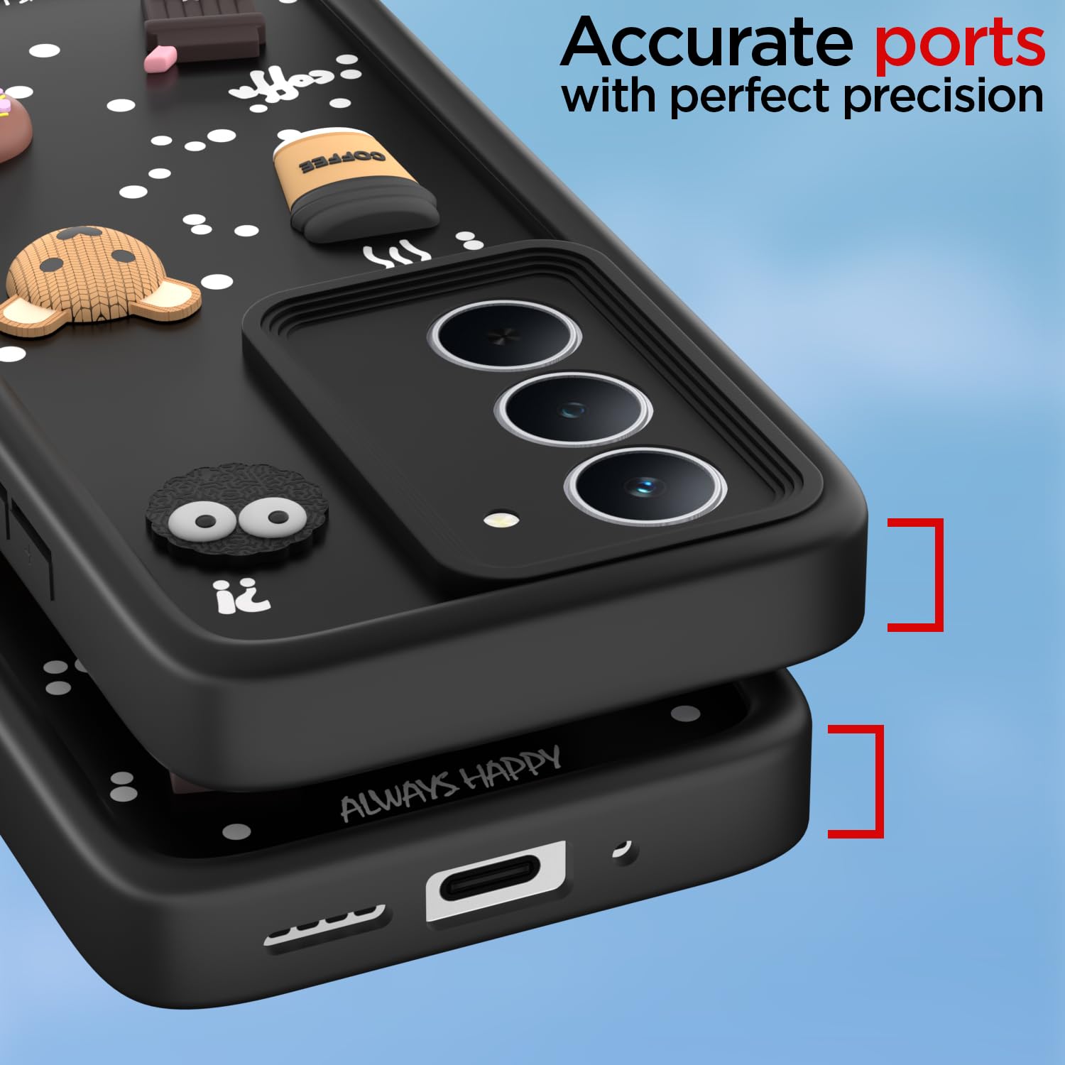Pikkme Realme Narzo 80x 5G / Realme P3x 5G Cute Fun Cartoon 3D Bear Coffee Back Cover (Black)