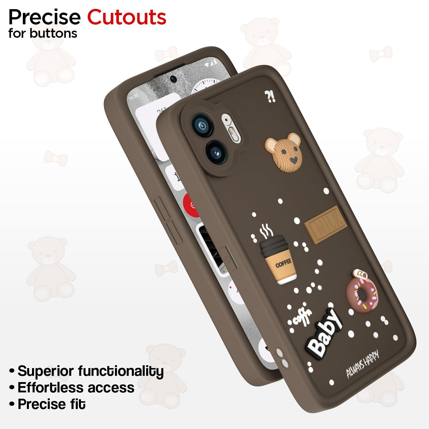 Pikkme Nothing Phone 2 Cute Fun Cartoon 3D Bear Coffee Back Cover (Brown)