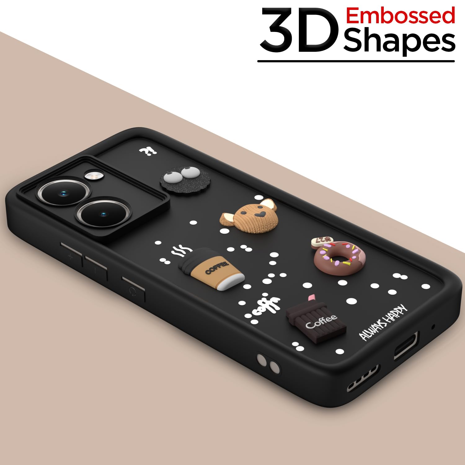 Pikkme Realme P3 Ultra 5G Cute Fun Cartoon 3D Bear Coffee Back Cover (Black)