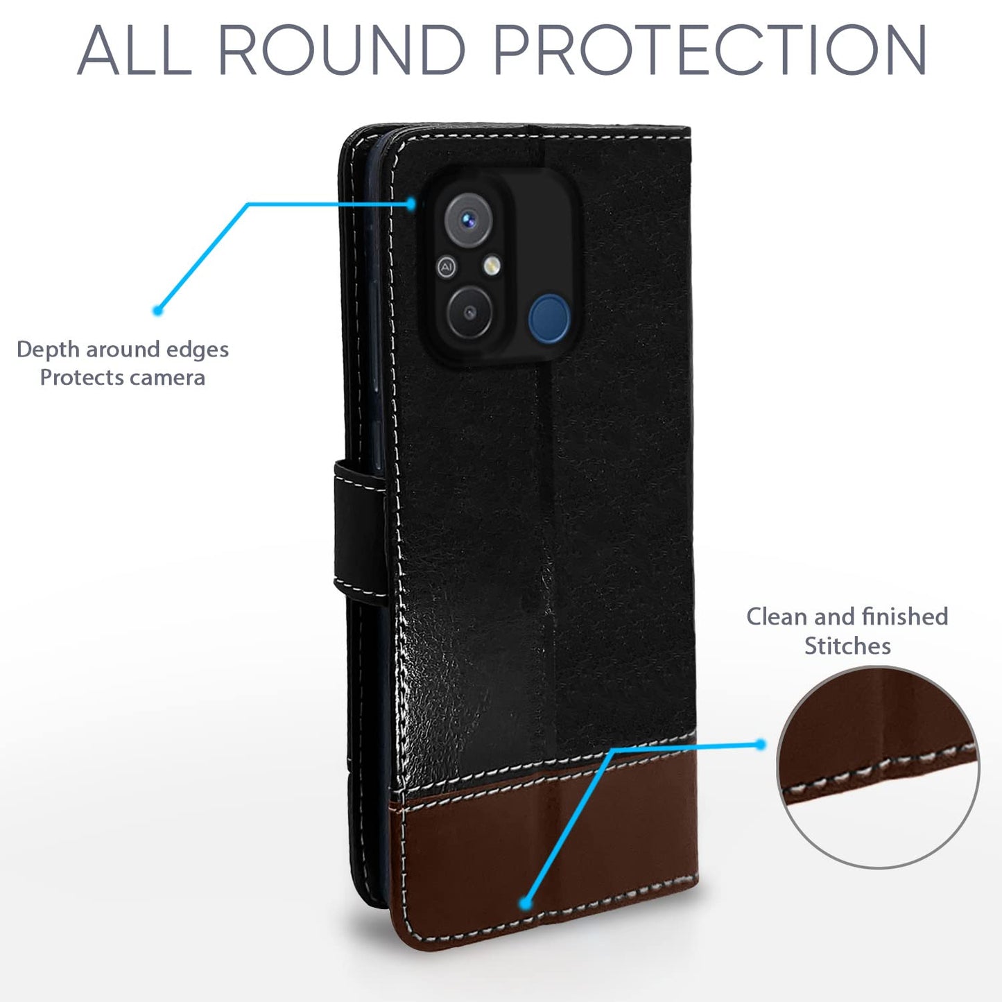 Pikkme Redmi 12C Constrast Flip Cover | Black & Brown