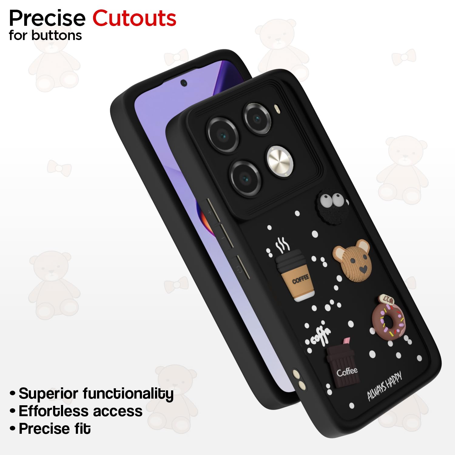 Pikkme Infinix Note 40 Pro 5G Cute Fun Cartoon 3D Bear Coffee Back Cover (Black)
