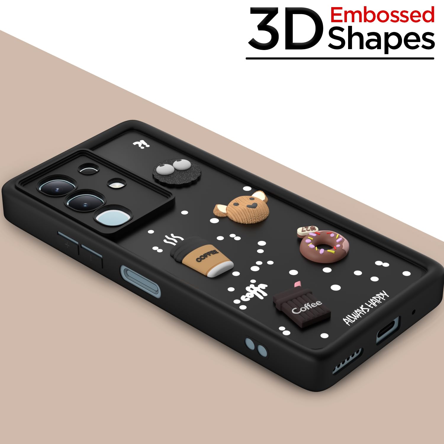 Pikkme Vivo T4x 5G / iQoo Z10x 5G Cute Fun Cartoon 3D Bear Coffee Back Cover (Black)