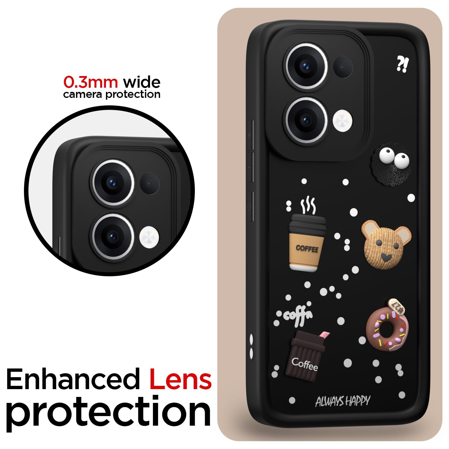 Pikkme Oppo Reno 13 5G Cute Fun Cartoon 3D Bear Coffee Back Cover (Black)