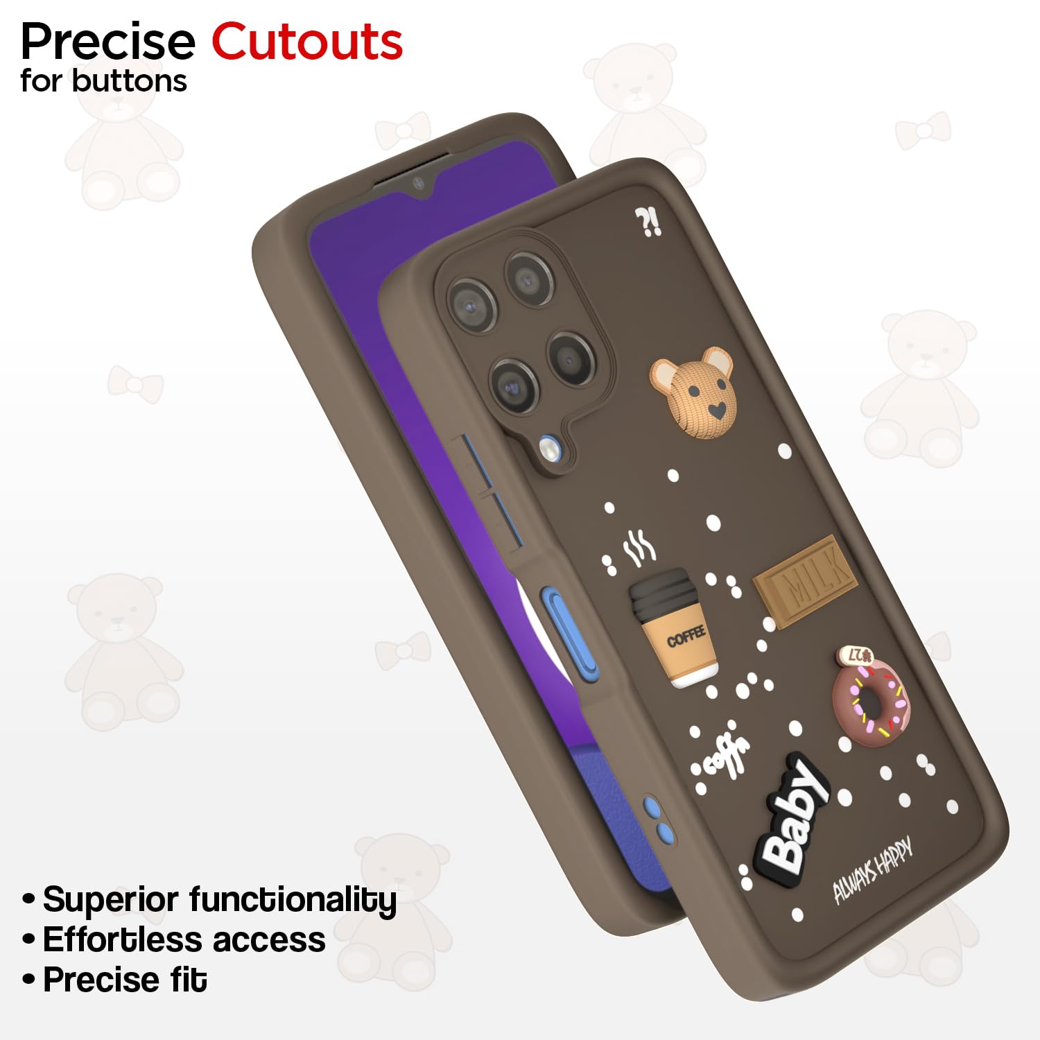 Pikkme Samsung Galaxy M12 / F12 / A12 Cute Fun Cartoon 3D Bear Coffee Back Cover (Brown)