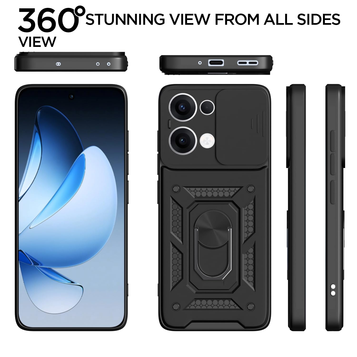 Pikkme Oppo Reno 13 5G Sliding Camera Shield & Stand D10 Tough Armor Back Cover (Black)