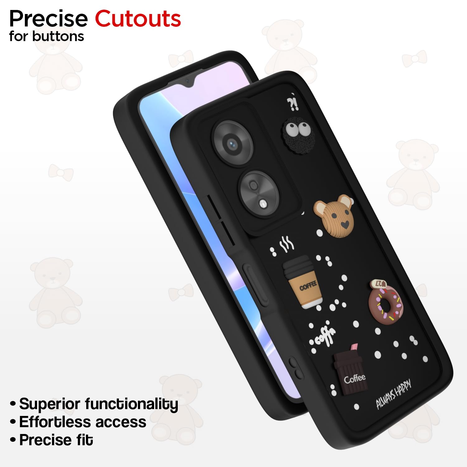 Pikkme Oppo A78 5G Cute Fun Cartoon 3D Bear Coffee Back Cover (Black)