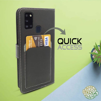 Pikkme Samsung Galaxy A21s Wallet Style Inbuilt Pockets & Stand | Strong Magnetic Flip Cover(Grey)