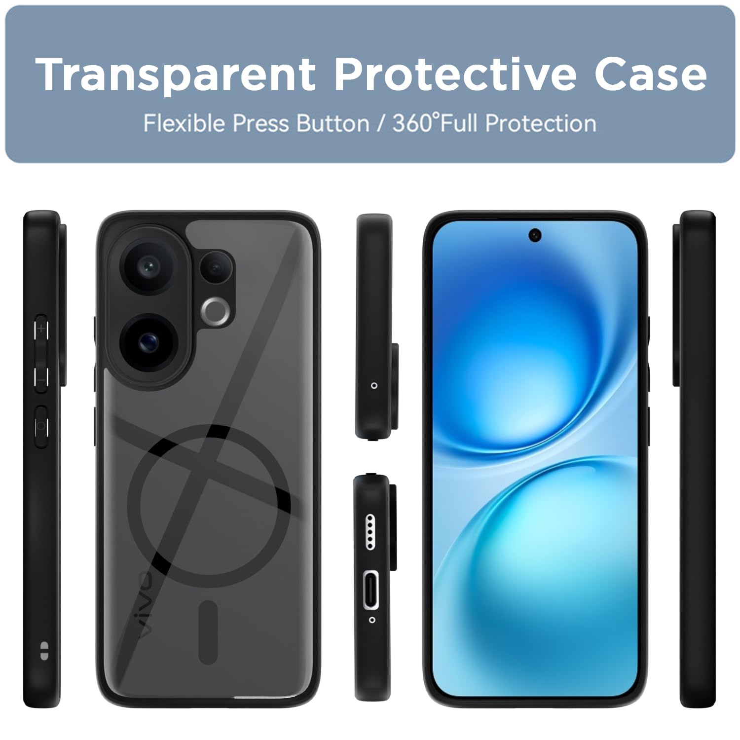 Pikkme Vivo V60 5G Eagle 2 Mag-Safe Shockproof Hard Transparent Back Cover (Black)