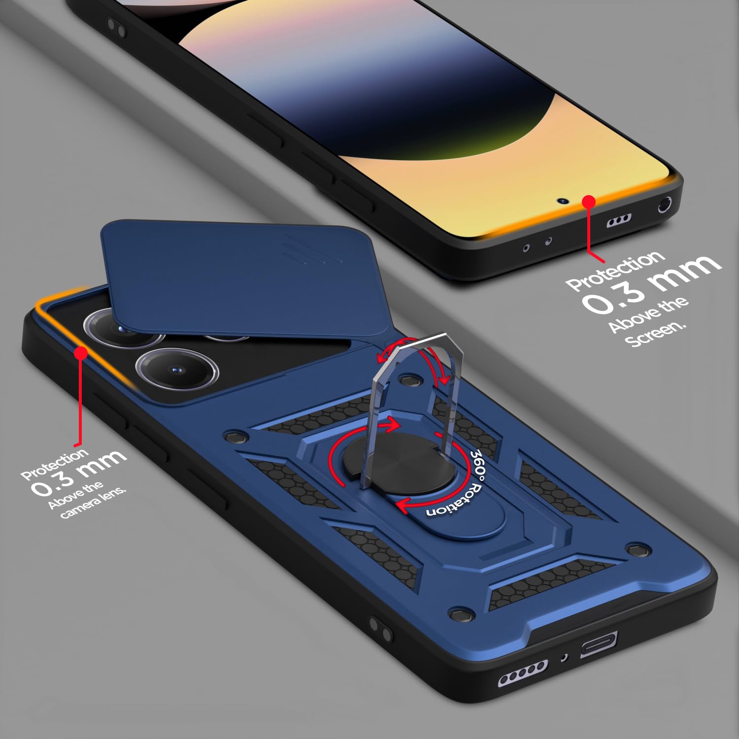 Pikkme Redmi Note 14 5G Sliding Camera Shield & Stand D10 Tough Armor Back Cover (Blue)