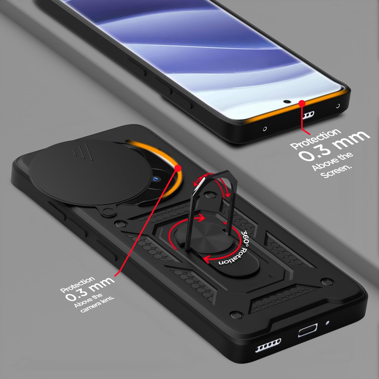 Pikkme Redmi Note 14 Pro Plus 5G Sliding Camera Shield & Stand D10 Tough Armor Back Cover (Black)