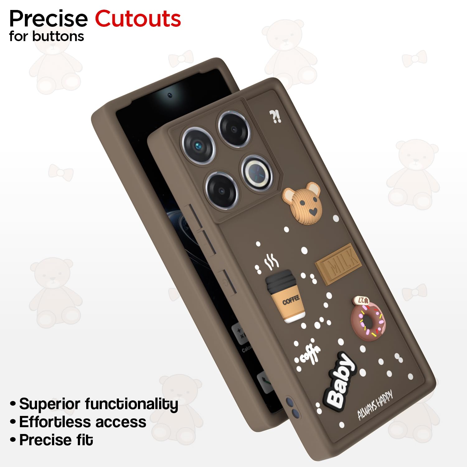 Pikkme Infinix GT 20 Pro 5G Cute Fun Cartoon 3D Bear Coffee Back Cover (Brown)