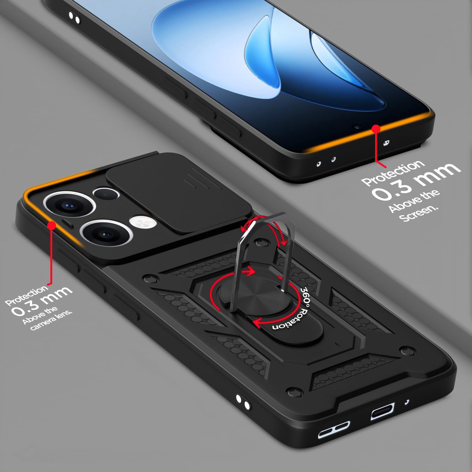 Pikkme Oppo Reno 13 5G Sliding Camera Shield & Stand D10 Tough Armor Back Cover (Black)